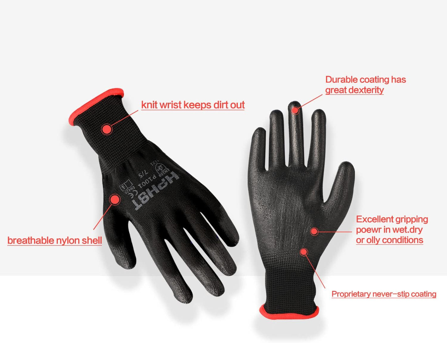 PU Coated Safety Work Gloves, 12 Pairs Work Gloves Mechanic Working Seamless Knit Glove with Polyurethane Coated Smooth