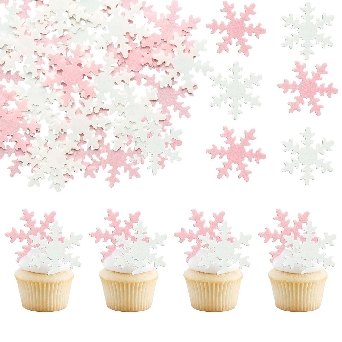 Gyufise 50Pcs Pink Edible Cupcake Cake Toppers Snowflake Cake Decorations for Christmas Winter Frozen Theme Party Supply Decoration Pink White