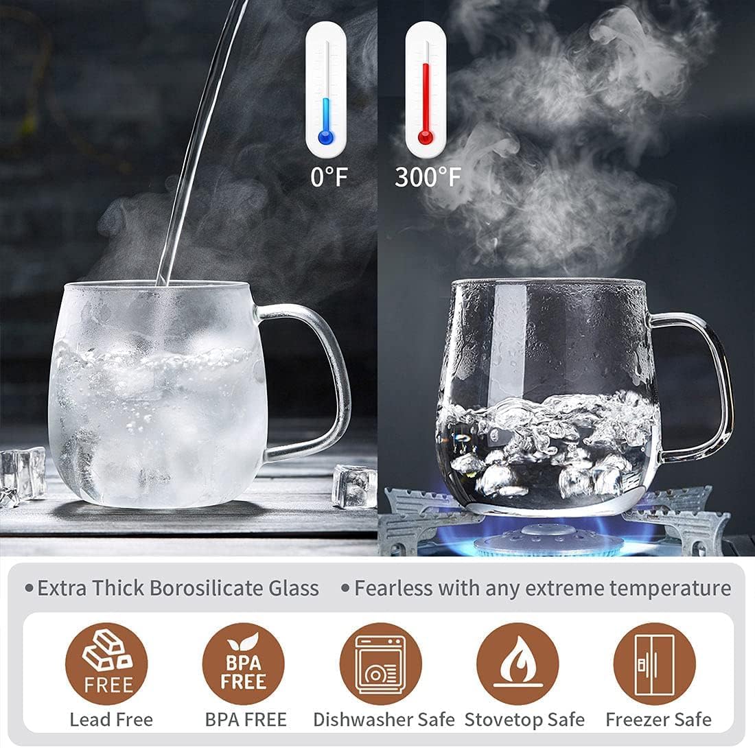 Glass Teacups 2 Pack Glass Tea Cup with Infuser and Lid, 17.6oz/520ml Large Borosilicate Teacup,Tea Clear Mug Cup for Loose Leaf Blooming Tea, Microwave & Dishwasher Safe