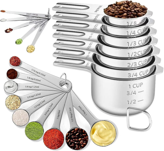 21PCS Measuring Cups and Spoons Set, Include 7 Nesting Measuring Cups, 9 Measuring Spoons and 5 Mini Spoons, Stainless Steel Metal Measuring Set, Kitchen Gadgets for Cooking & Baking