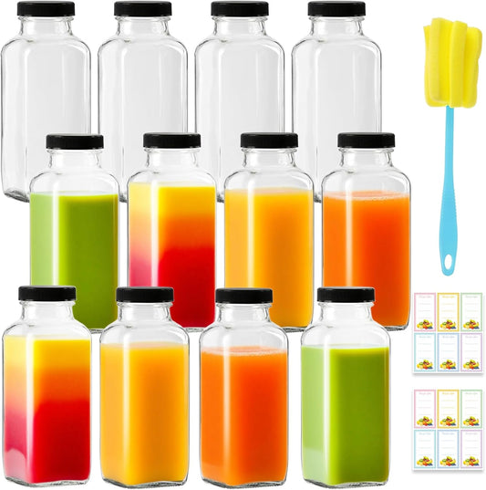 12 Pack 12oz Glass Drink Bottles with Lids, 360ml Vintage Glass Water Bottles with Caps, Reusable Juice Containers Drinking Jars for Juicing, Milk, Ginger, Kombucha, Beverages