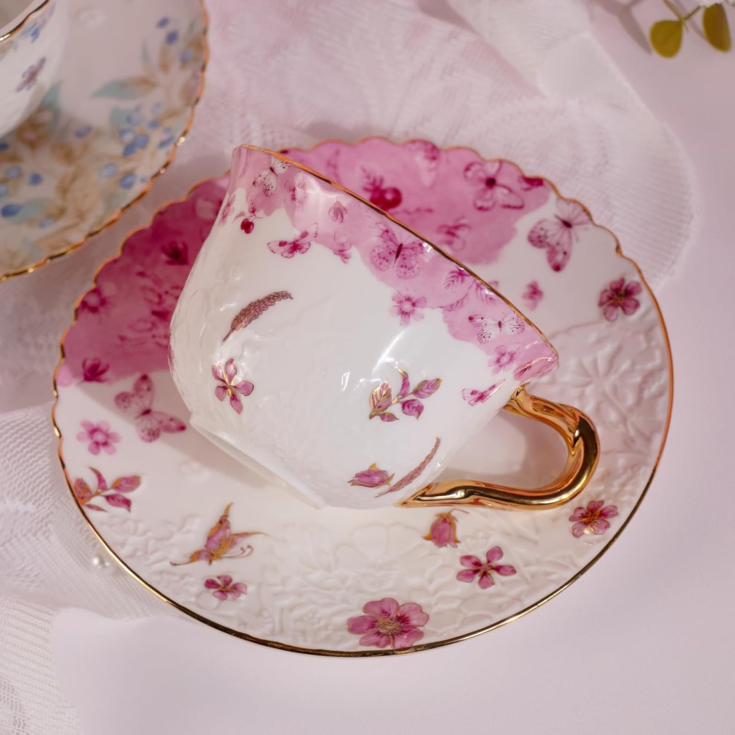 KAMMAK Tea Cups and Saucers Set of 2, Reinforced Porcelain Coffee Cups, 8.5-Ounce Stackable Espresso Mugs, Ceramic Demitasse for Coffee, Cappuccino, Latte, Americano, Tea, Colorful + Butterfly