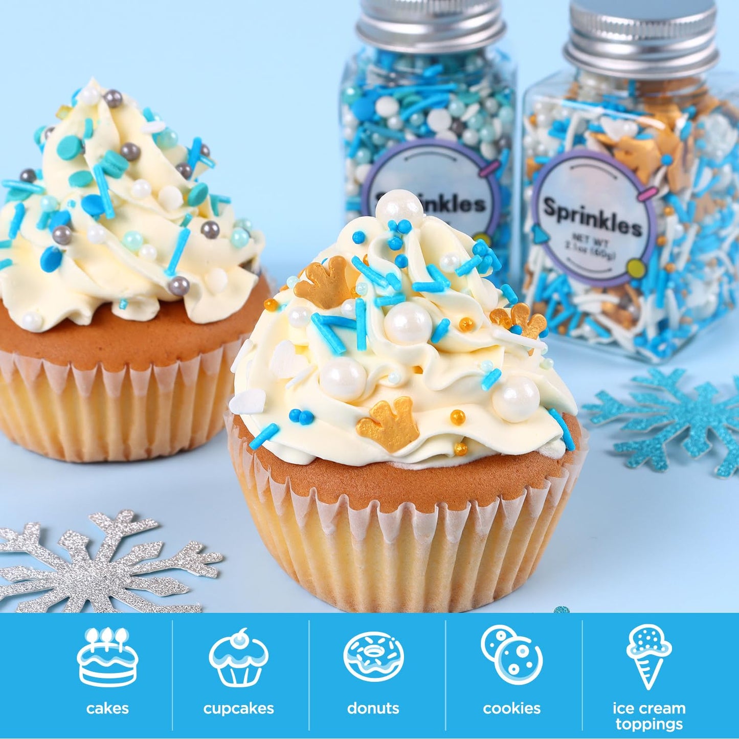 Edible Blue Sprinkles Mix, Blue Confetti Jimmy Sprinkles, Gold Sanding Sugar, Pearl Sprinkles, Gold Crown Sprinkles for Cake Decorating, Cupcakes, Cookies, and Ice Cream Toppings. (120g/4.2oz)