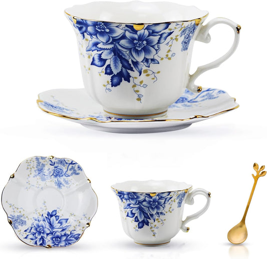 TATSUMI Country Roses Bone China Tea Cup and Saucer Set, 3 Pieces, Vintage Style, For Women and Tea Parties(Rose Blue,1 Set)