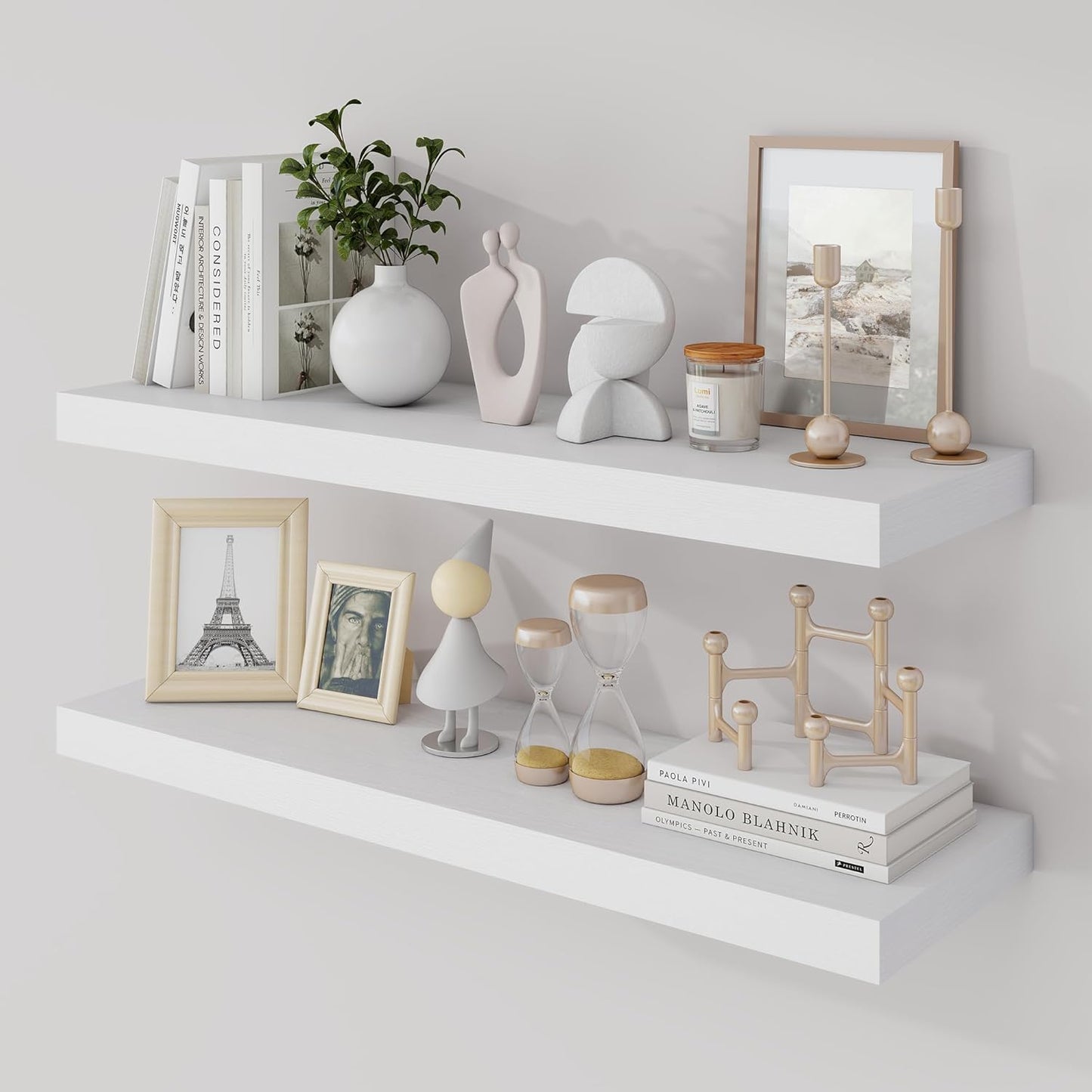 30 Inch Floating Shelves, 9.3" Deep Floating Shelf Wall Mounted, 30" Wall Shelves, Rustic Deep Bookshelf, Large Display Shelves & Storage Shelves for Bedroom, Living Room, White, Set of 2