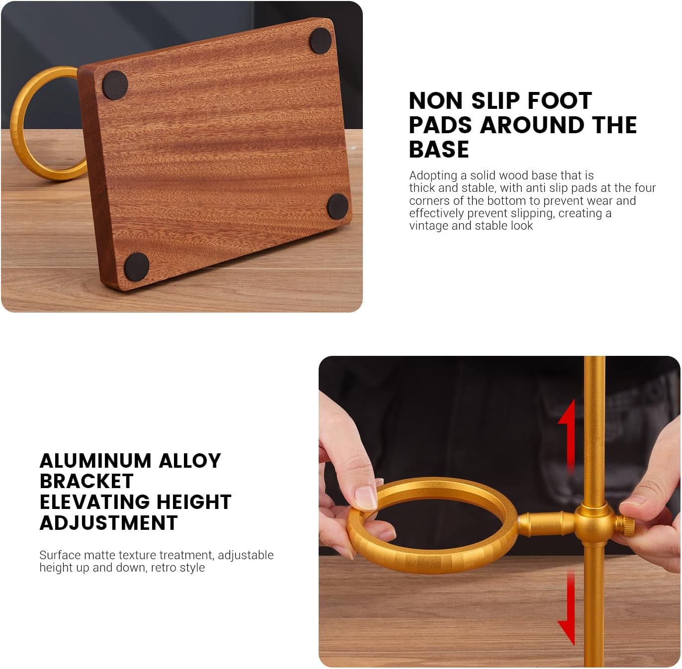 Pour Over Coffee Stand, Height Adjustable Pour over Coffee Maker with Sapele Wooden Base, Paper Filters, Bronze