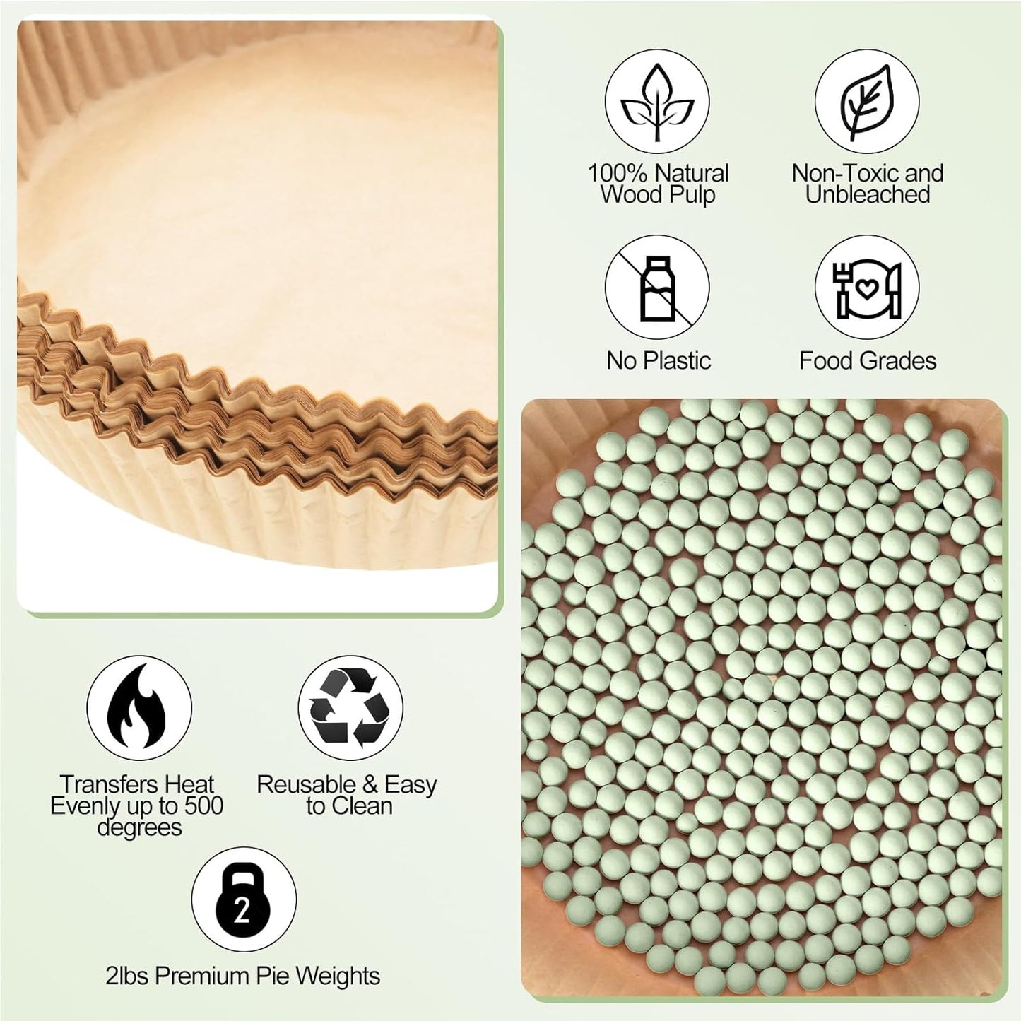 1 Pack Light Green 2 lb Pie Weights for Baking Crust Ceramic Weights Blind Baking Beads with 50 Pcs Disposable Parchment Paper Pie Liner Fit 8,9,10 Inch Dish