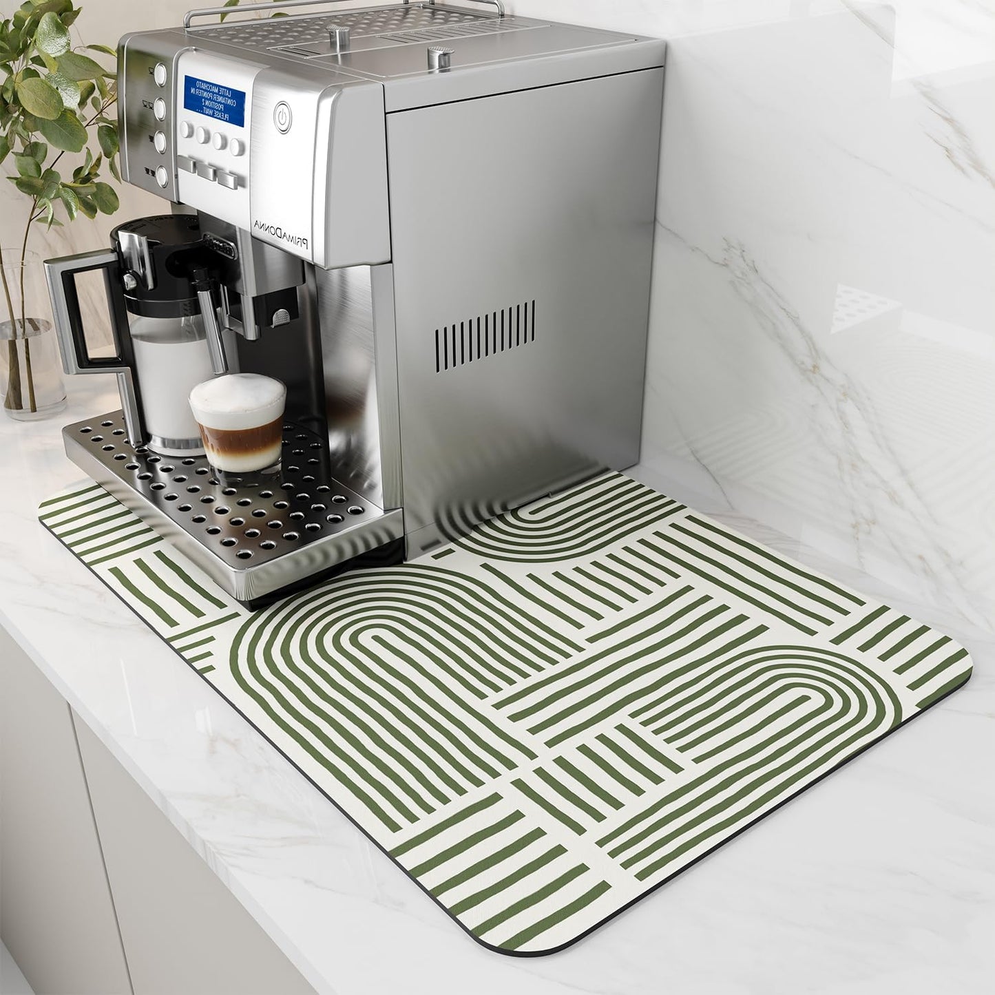 AMOAMI Coffee Mat Hide Stain Rubber Backed Absorbent Dish Drying Mat for Kitchen Counter - Fits Under Coffee Maker & Dish Rack - Green Line 12x19