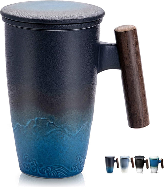 suyika Tomotime Ceramic Tea Cup with Infuser and Lid Tea Mugs Wooden Handle 400ml/13.5oz Black cyan