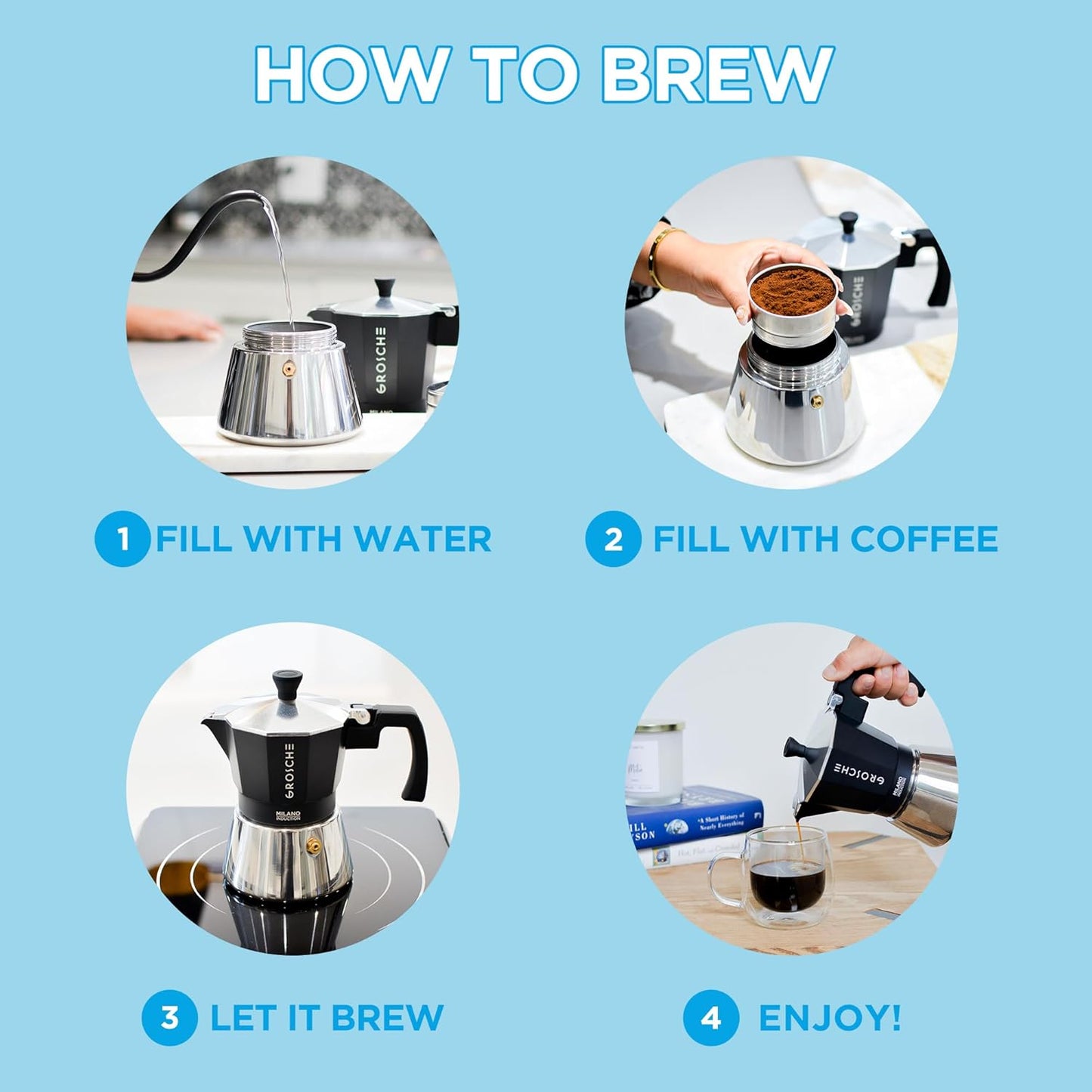 GROSCHE Milano Induction Stovetop Espresso Maker Moka Pot for Greca, Induction, Electric & Gas Stoves, Dishwasher Safe Stovetop Espresso Maker | 3 Espresso Cup, Black