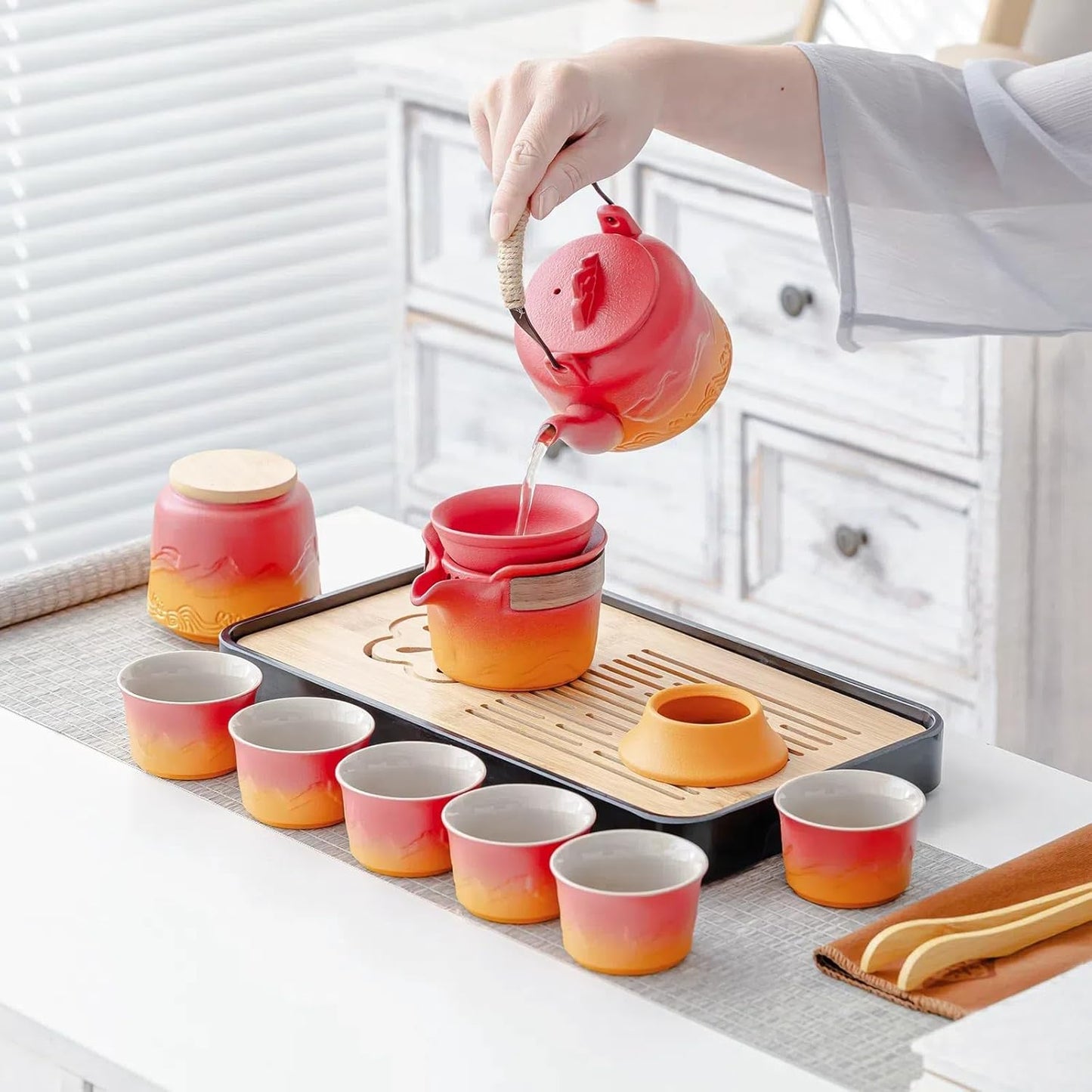 ICHAG Chinese Tea Set, Japanese Tea Sets for Adults, 15-Piece Porcelain Gongfu Tea Set with Tea Pet & Tea Tray, Japanese Teapot Set, Travel Tea Party Set, for Home/Office/Outdoor/Gifts (Red)