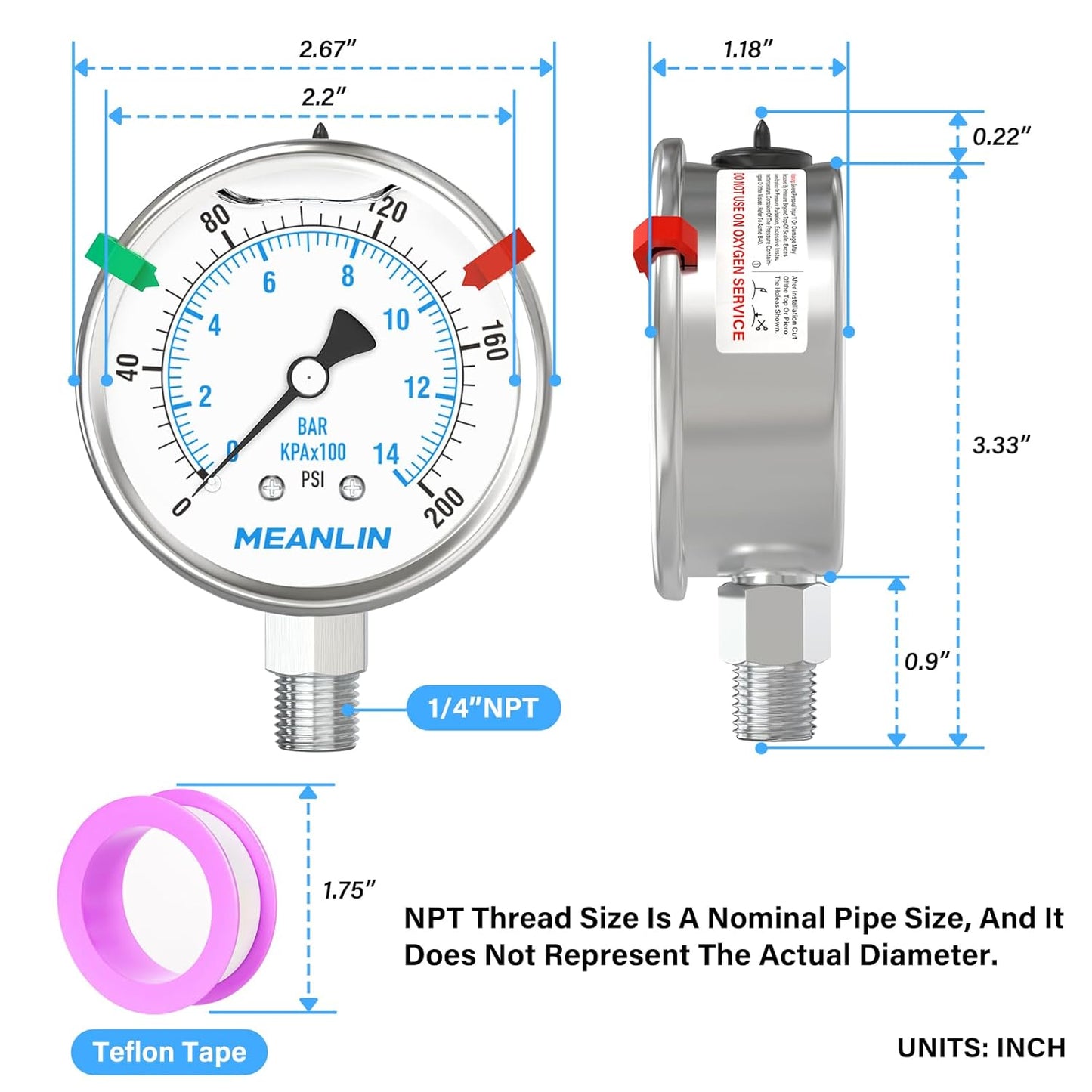 MEANLIN MEASURE 0~200Psi Liquid Filled Pressure Gauge Stainless Steel with 316 Stainless Steel Joint 1/4" NPT 2.5" FACE DIAL for Air Compressor Air Regulator Water Filter Lower Mount, with 2PCS Snaps