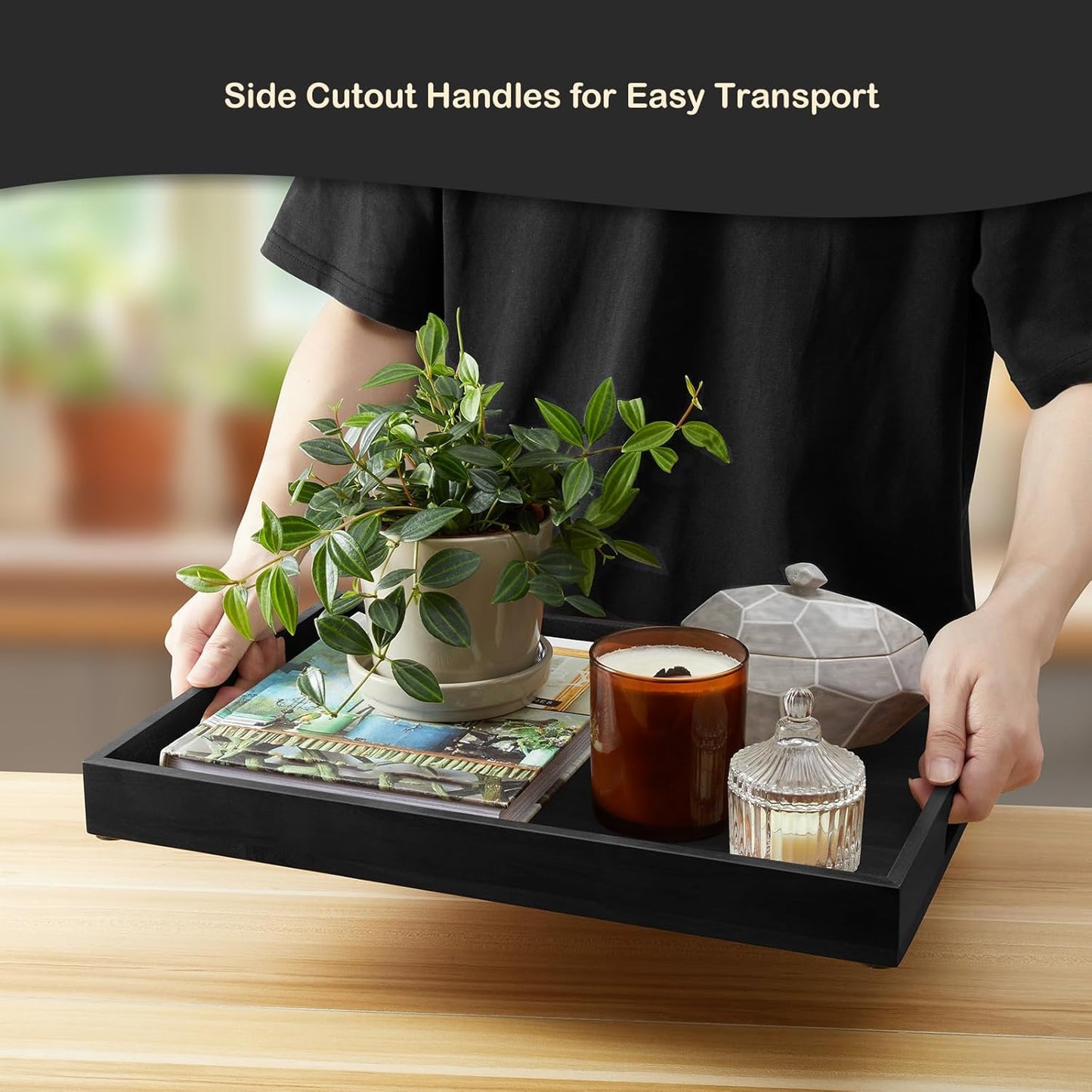 17 Inch Black Wood Serving Tray with Handles, Large Wooden Tray for Ottoman, Breakfast in Bed, Coffee Table, Dinner, Perfect for Living Room Bedroom Entryway and Kitchen