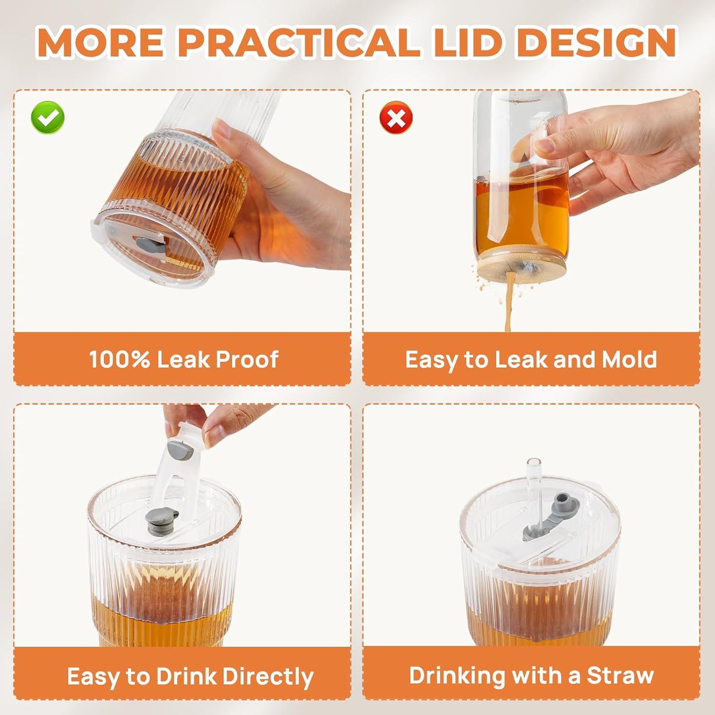 2 Pack 20 Oz Glass Cups with Lids and Straws Iced Coffee Cups Vintage Ribbed Glassware for Beer Ice Coffee Fruit Juice Elegant Aesthetic Cup Glass Iced Coffee Tumbler Include 1 Cleaning Brushes