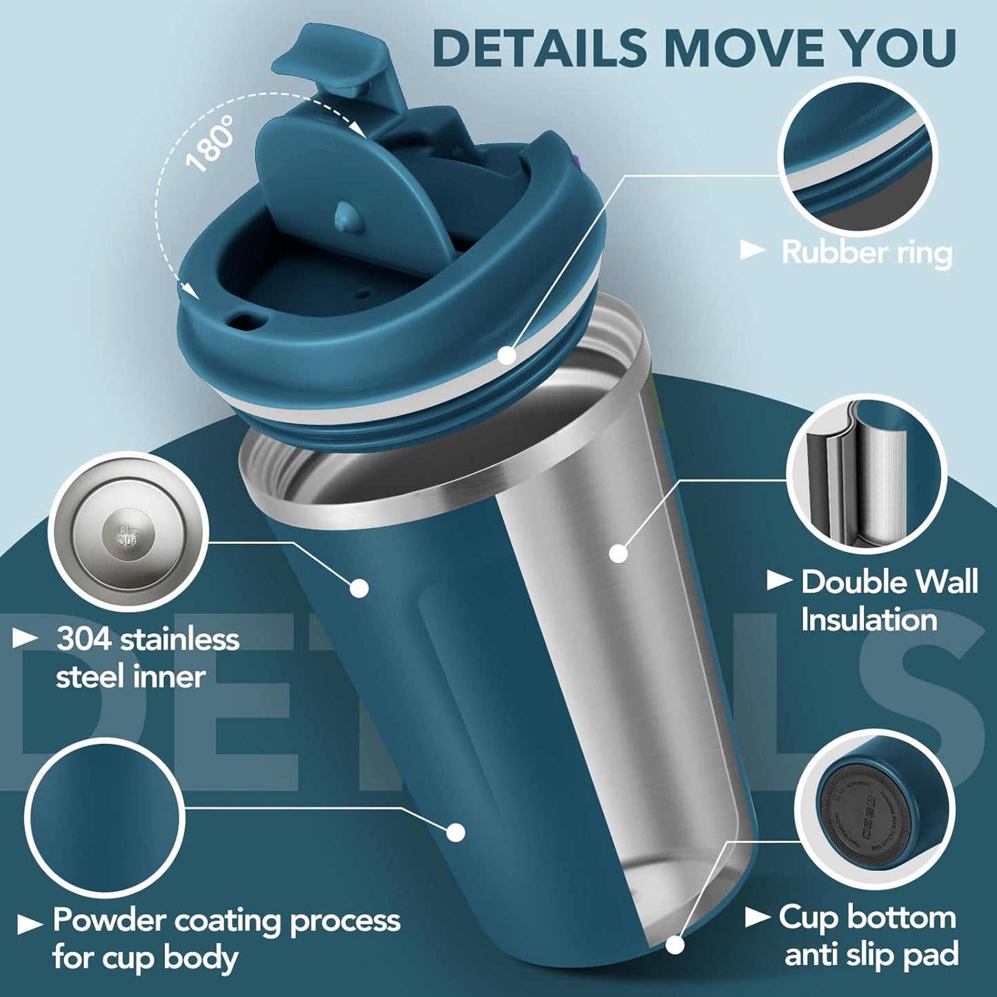 Volhoply 12 oz Double Wall Insulated Vacuum Travel Coffee Mug with Flip Lid Bulk 8 Pack,Reusable Stainless Steel Leak Proof Coffee Cup,Portable Cafe Thermal Tumblers for Hot & Cold Drinks(Bule,8 Set)