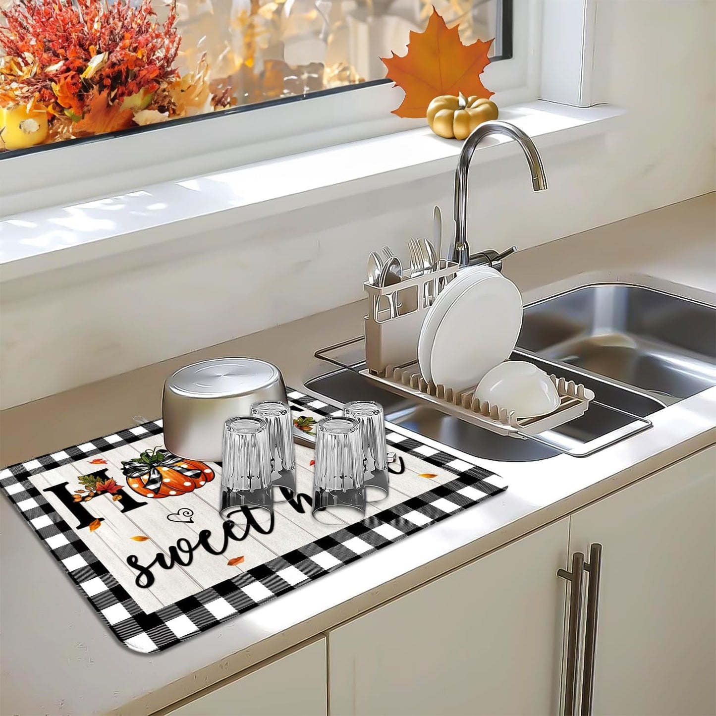 Autumn Fall Drying Mat Kitchen Countertop Pumpkin Black And White Check sweet Home 18 X 24 Inch Kitchen Coffee Bar Decoration, Absorbent Drying Mat