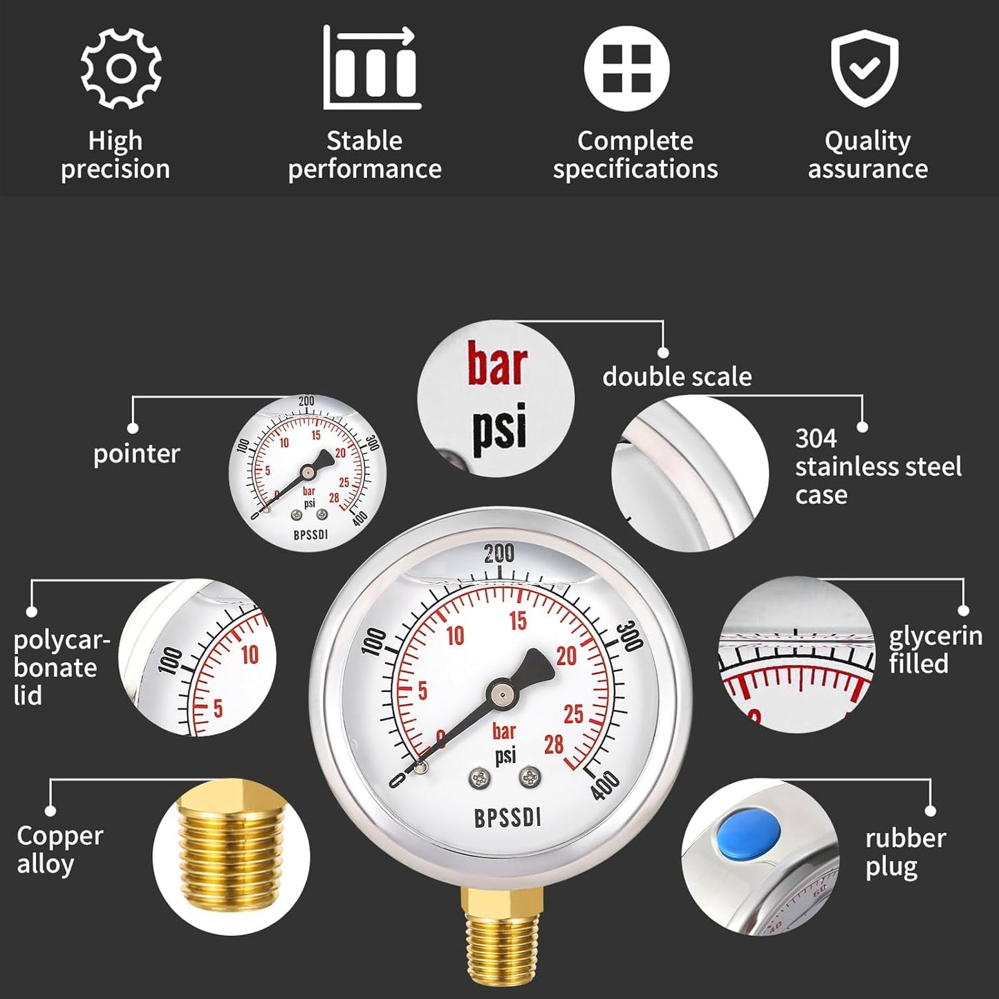 0-400 Psi Glycerin Liquid Filled Pressure Gauge, 2.5" Dial Size, 1/4" NPT Lower Mount, 304 Stainless Steel Case, for Pool Pump Sand Filter Air Compressor, Water Oil Air Pressure Test