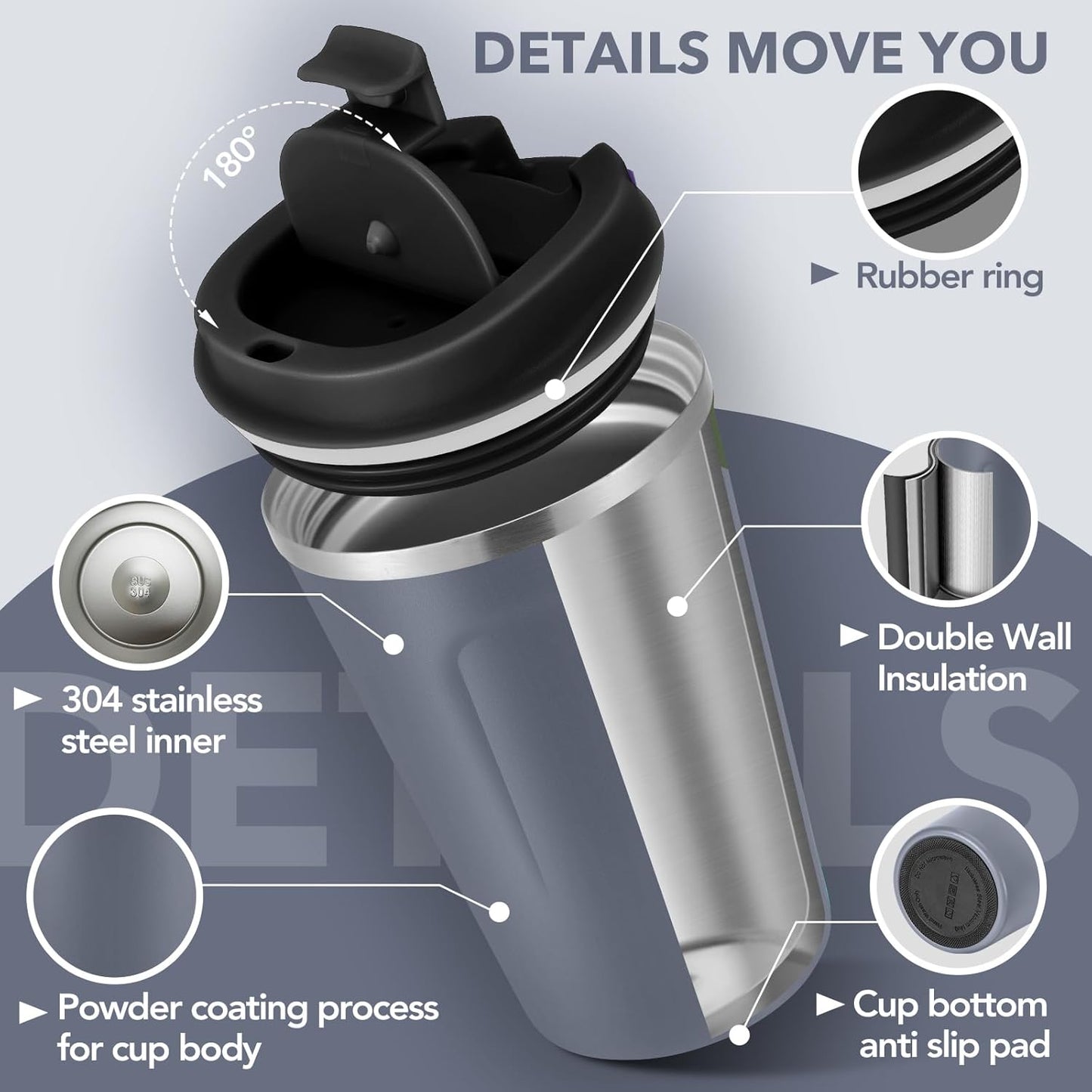 Volhoply 12 oz Double Wall Insulated Vacuum Travel Coffee Mug with Flip Lid Bulk 8 Pack,Reusable Stainless Steel Leak Proof Coffee Cup,Portable Cafe Thermal Tumblers for Hot & Cold Drinks(Gray,8 Set)