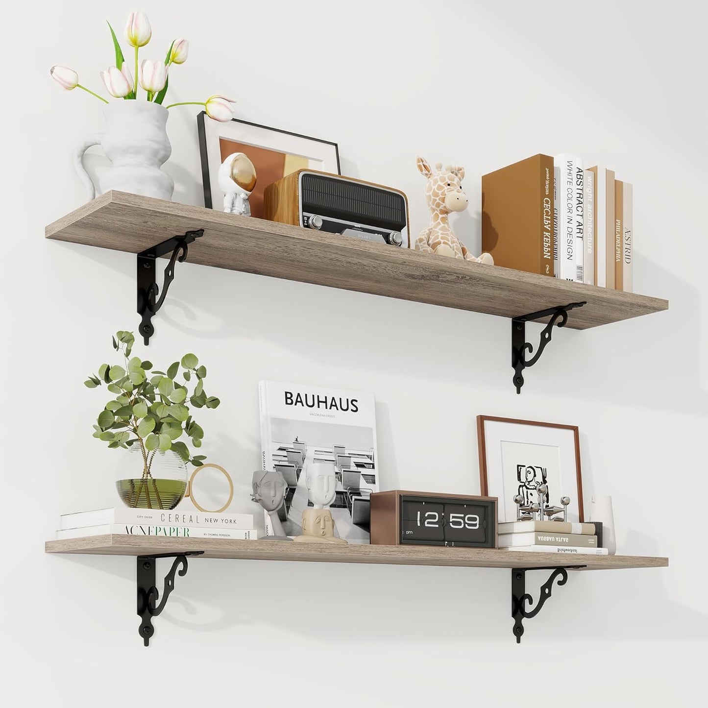 RICHFOCUS Floating Shelves for Wall Decor, 39.4W x 8D Wall Shelves Set of 2, 8 Inch Deep Rustic Wood Shelves Wall Mounted with Brackets, Long Floating Shelves for Living Room Bedroom Kitchen, Grey