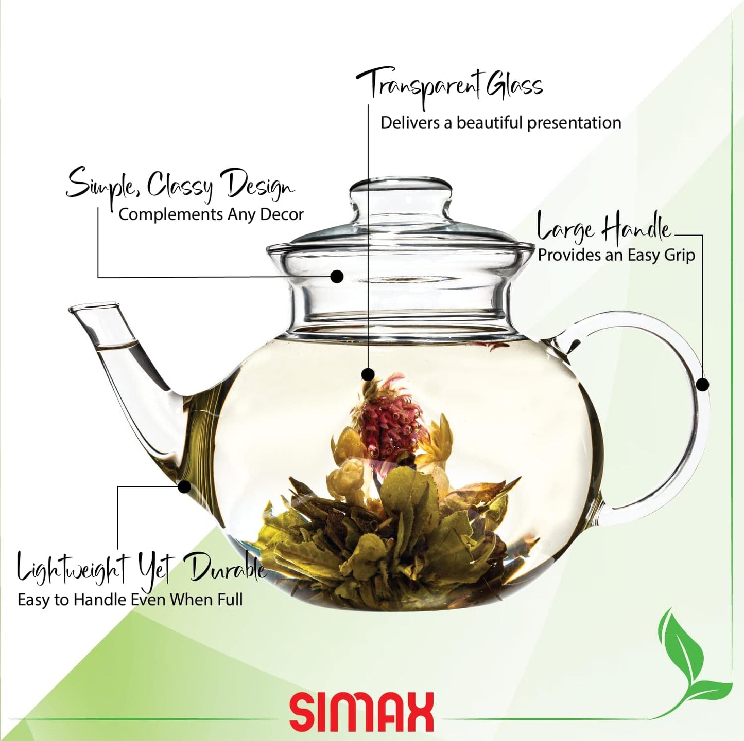 Simax Glassware 33 Ounce Glass Teapot | With Spout, Microwave and Stovetop Safe, Heat, Cold, and Thermal Shock Resistant Borosilicate Glass, Makes a Stunning Presentation…