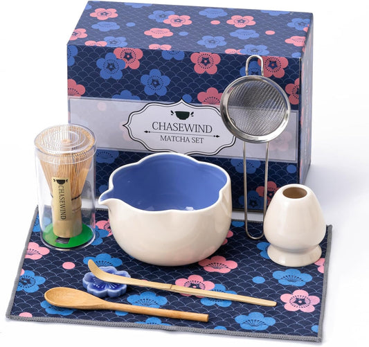 Matcha Set, 8Pcs Floral Ceramic Matcha Set with Matcha Whisk, Holder, Scoop, Scoop Rest, Sifter, Spoon and Tea Towel - Thoughtful Matcha Whisk Set Gift for Matcha Lovers (Beige & Blue)