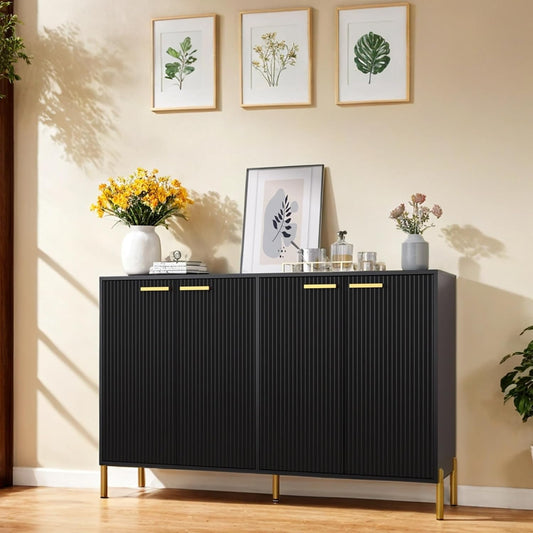 Black Fluted Sideboard Cabinet - Luxury Buffet Table with 4 Doors, Large Coffee Bar Station for Living Room, Kitchen, Hallway, Entryway Storage