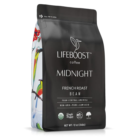 Lifeboost Midnight French Roast Coffee Beans - Single Origin Non-GMO USDA Organic Low Acid French Roast Coffee - Third Party Tested For Mycotoxins & Pesticides - 12 Ounces
