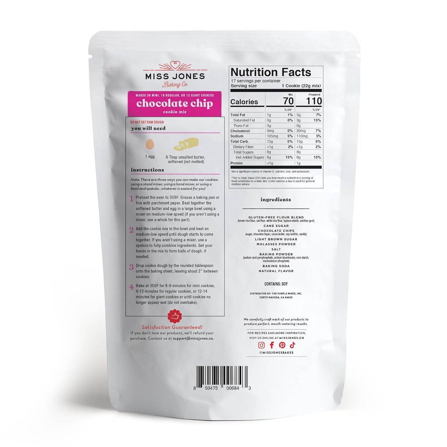 Miss Jones Baking Gluten-Free Chocolate Chip Cookie Mix - More Chocolate Chips, 50% Lower Sugar, Naturally Sweetened Desserts & Treats, 13 Ounce (Pack of 6)