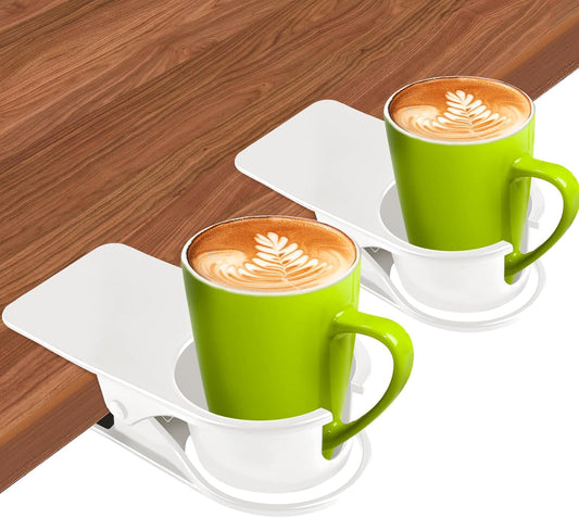 Kalolary 2PCS New Drinking Cup Holder Clip with Groove Table Bottle Cup Stand DIY Glass Cup Clamp Storage Saucer Clip Water Coffee Mug Holder Saucer Clip for Home Desk, White