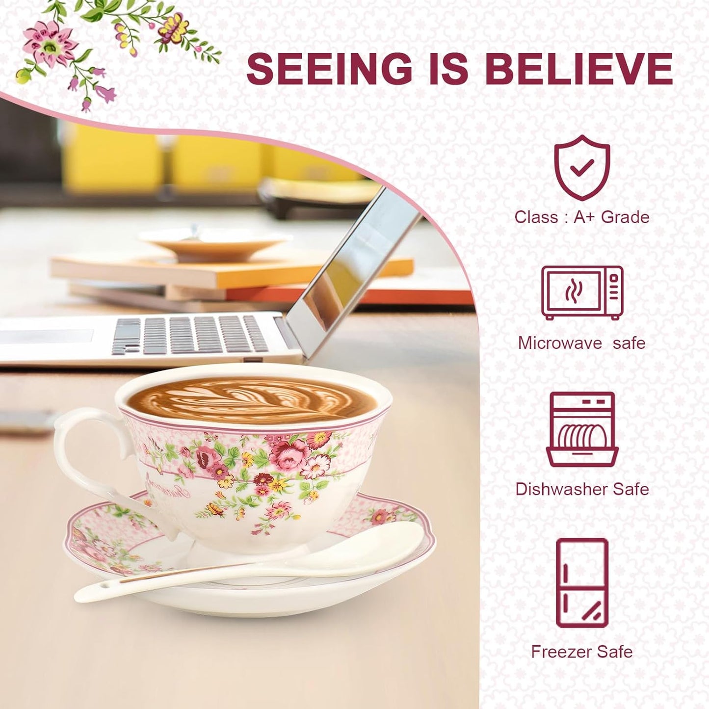 Cup and Saucer Sets of 2 with Spoon, 8oz Large Tea/Coffee Cups and Saucers New Bone China Floral Vintage Cup & Saucer Sets Porcelain Tea Latte Mugs -Microwave Dishwasher Safe