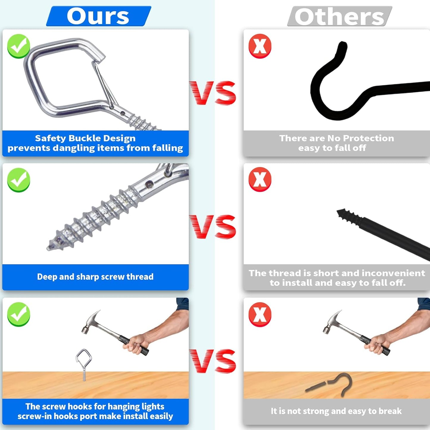 50 PCS Sliver Eye Screw Hooks for Hanging Heavy Duty with Safety Buckle.Metal Ceiling Hooks for Hanging Plants Cup Wind Chime Bird Feeders Patio Lights at Indoor&Outdoor