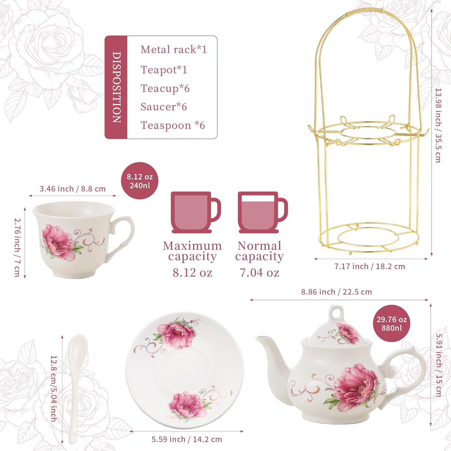 20-Pieces Tea Set For Adult with Golden Metal Rack,Porcelain Tea Sets For Women,Tea Gift Sets for Home&Party(015)