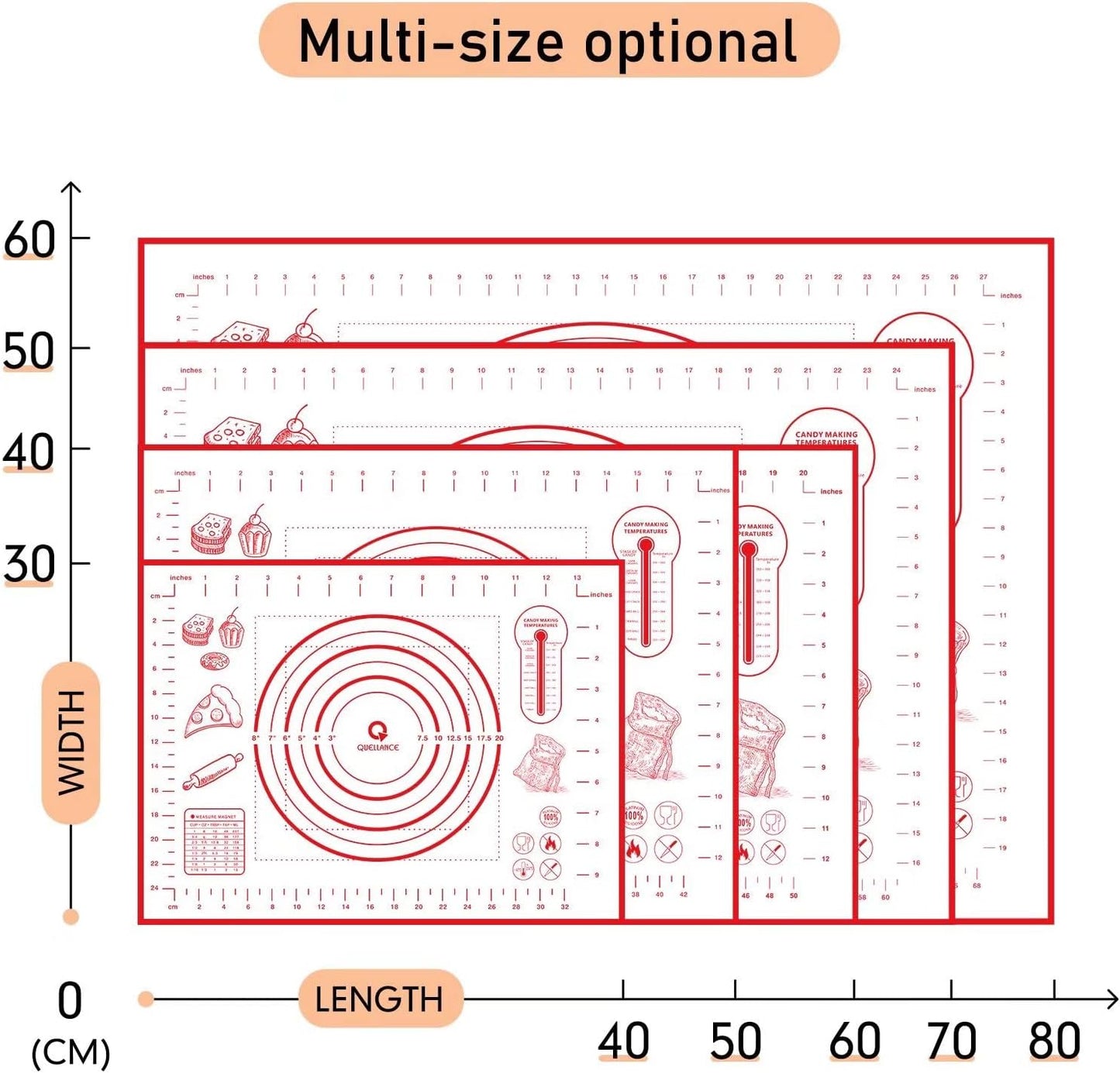 Silicone Baking Mat with Measurements, Pastry Mat for Rolling Out Dough, Kitchen Counter Mat, Red, 20" x 28", Fondant Mat/Oven Liner Mat
