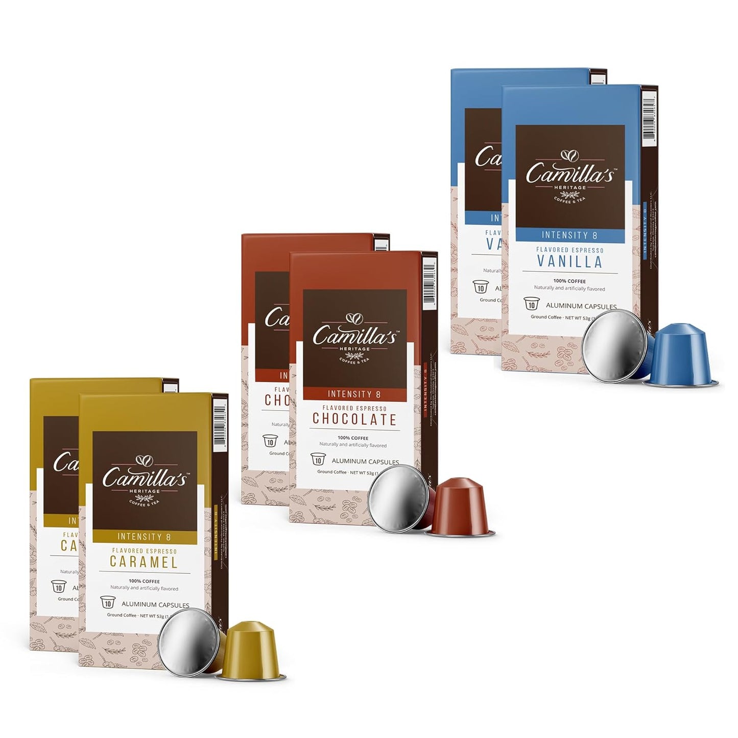 Camilla’s Heritage - Intensity 8 Flavored Espresso Coffee Variety Pack (Gourmet Chocolate, Vanilla & Caramel Espresso Cups) 60 Coffee Pods
