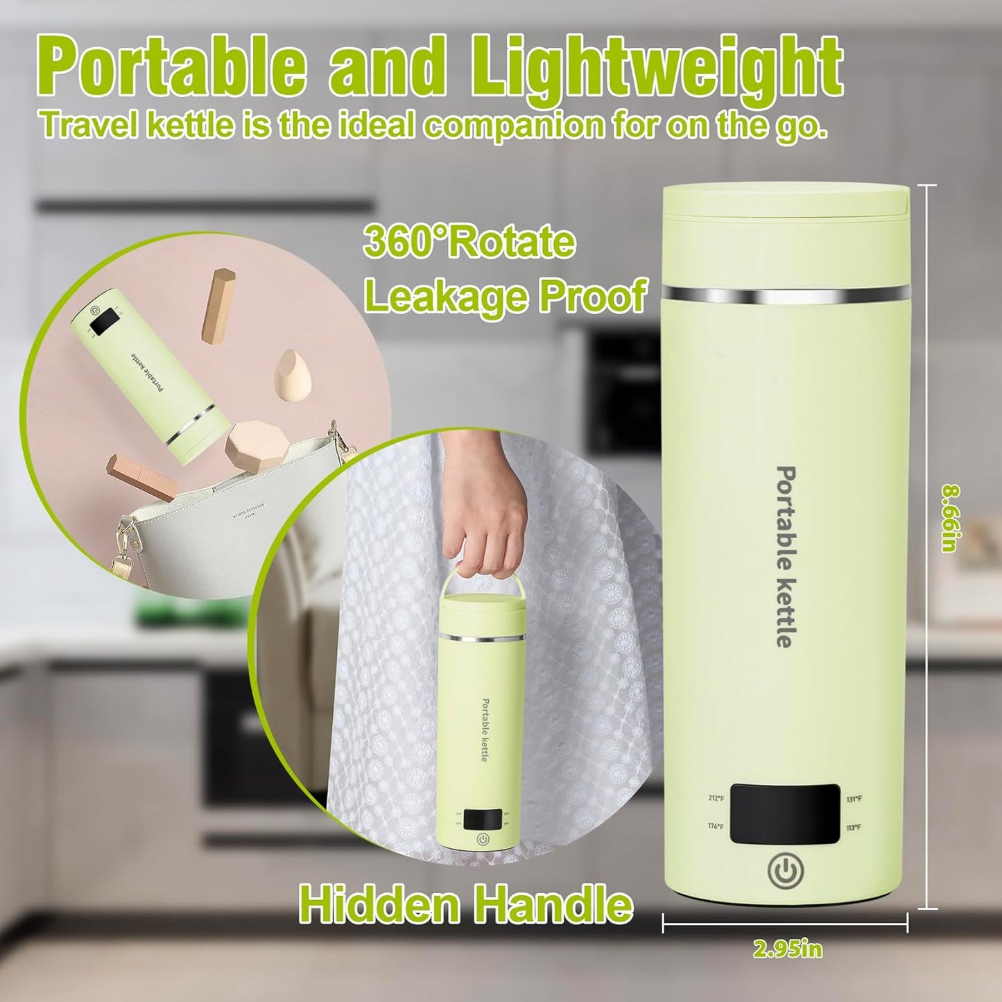 Travel Electric Kettle Portable Mini Kettle,Small Hot Water Boiler with 4 Temperature Settings,304 Stainless Steel,Fast Boiling Water with Auto Shut-Off and Boil Dry Protection,400ml (Green, 400ML)