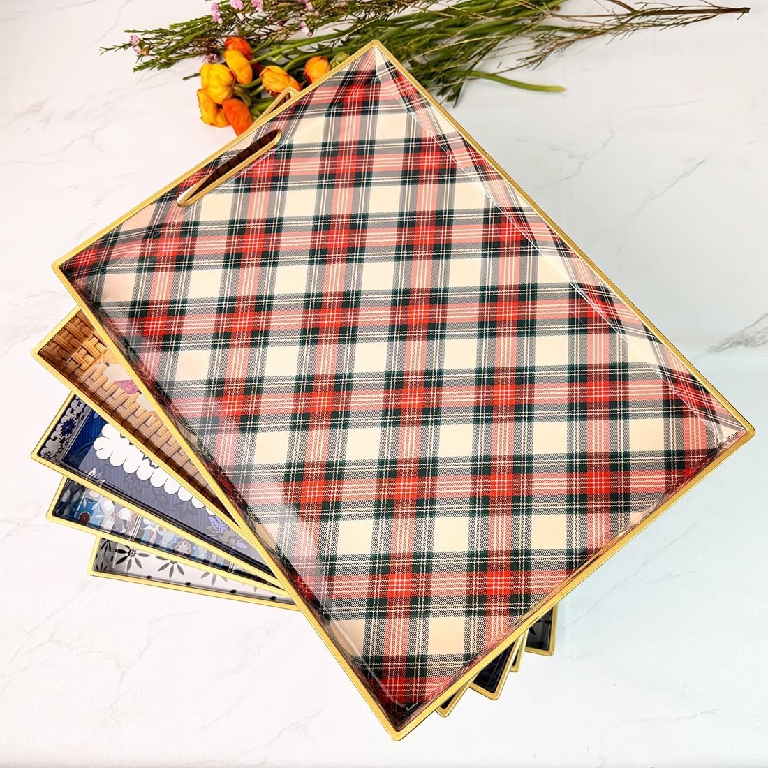 Rectangular Decorative Tray with Handles, Plastic Serving Tray for Living Room, Home Decor, Christmas，15.7" x 11.8" Red Plaid