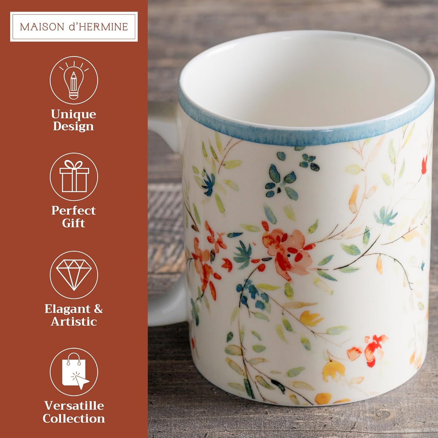 Maison d' Hermine Coffee Mug with Handles Fine Bone China Mugs Pack of One Tea Cups for Hot Beverages Cappuccino Latte Home Restaurant Office Perfect for Gift (Colmar - Blue, 12 Ounce)