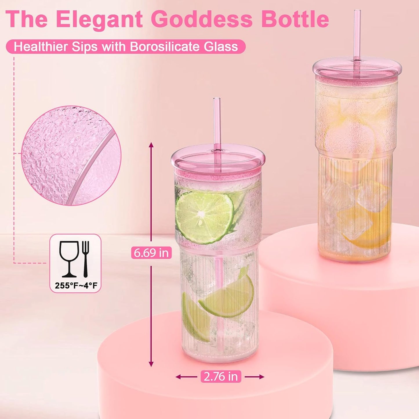 20oz Glass Cups with Lids and Straws - Set of 4 Reusable Tumblers, Thickened Shatter-Resistant Glass, Ideal for Iced Coffee, Smoothies, Cocktails, Juices - Elegant & Durable Drinkware (Pink)