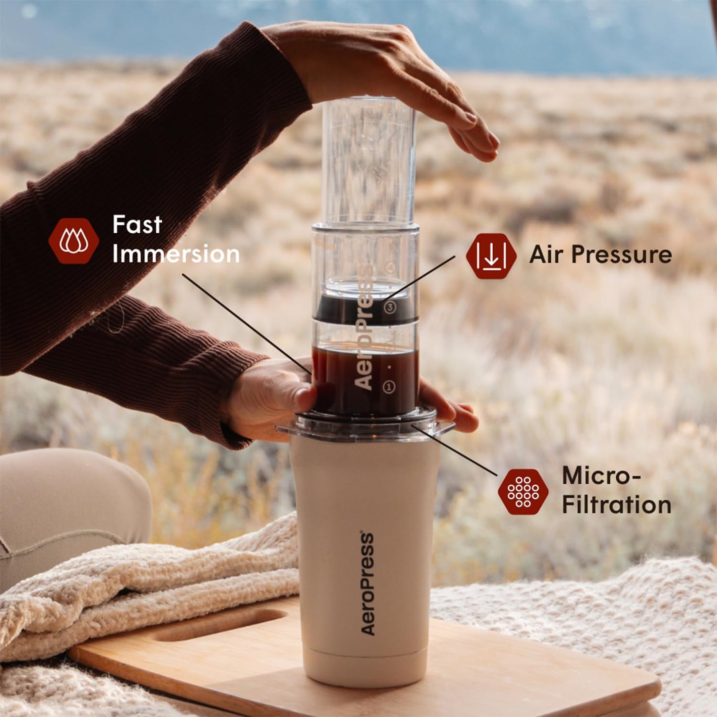 AeroPress Go Plus, Small Portable Coffee Maker for Travel & Camping - 3 In 1 Brew Method Combines French Press, Pourover, Espresso, Full Bodied Coffee without Bitterness, Coffee Press Kit - Cream