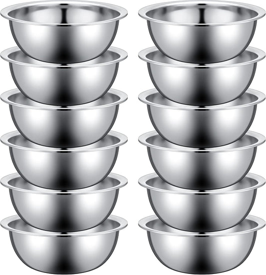 Pinkunn Set of 12 Stainless Steel Mixing Bowls, Nesting Metal Prep Salad Bowl Bulk Kitchen Large Reusable Baking Food Container for Hotel Restaurant Home Cooking, Silver(8.66 x 3 Inch)