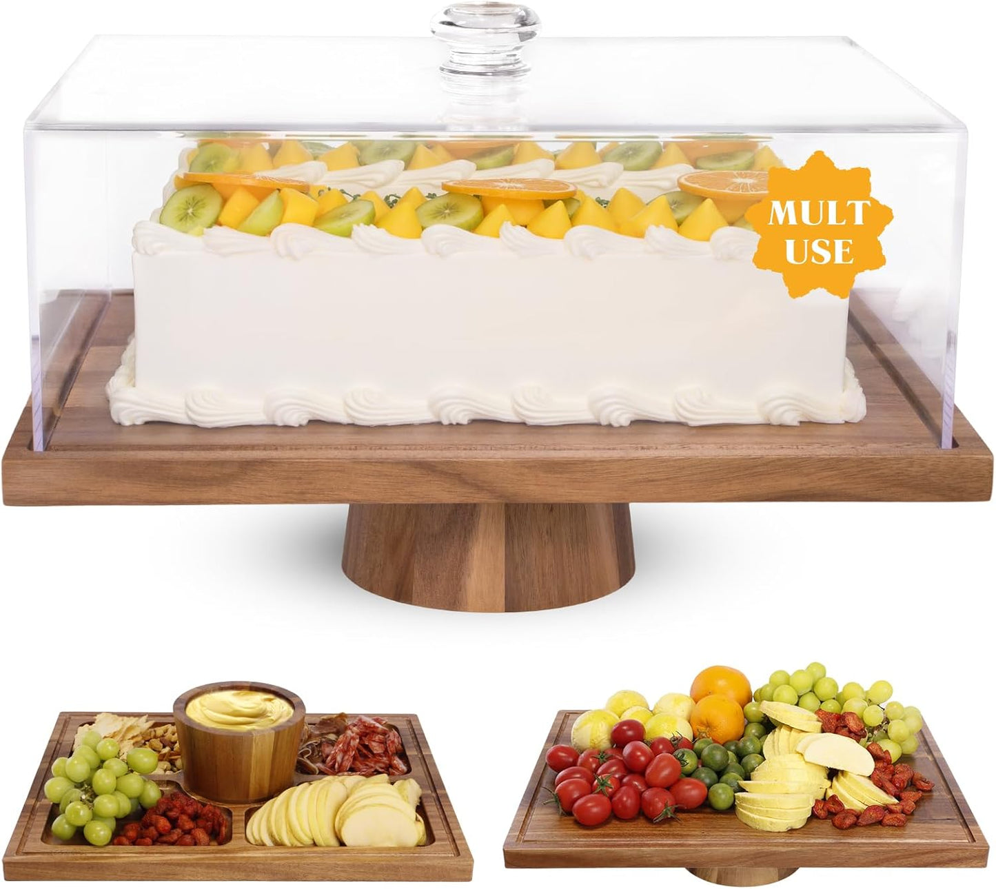 Acacia Wood Cake Stand with Lid - 15" Rectangular 2-in-1 Serving Board & Dessert Display, Shatterproof Acrylic Cake Dome Cover(5.1" high), Charcuterie Platter for Cheese, Fruit, Appetizers (15 inch)
