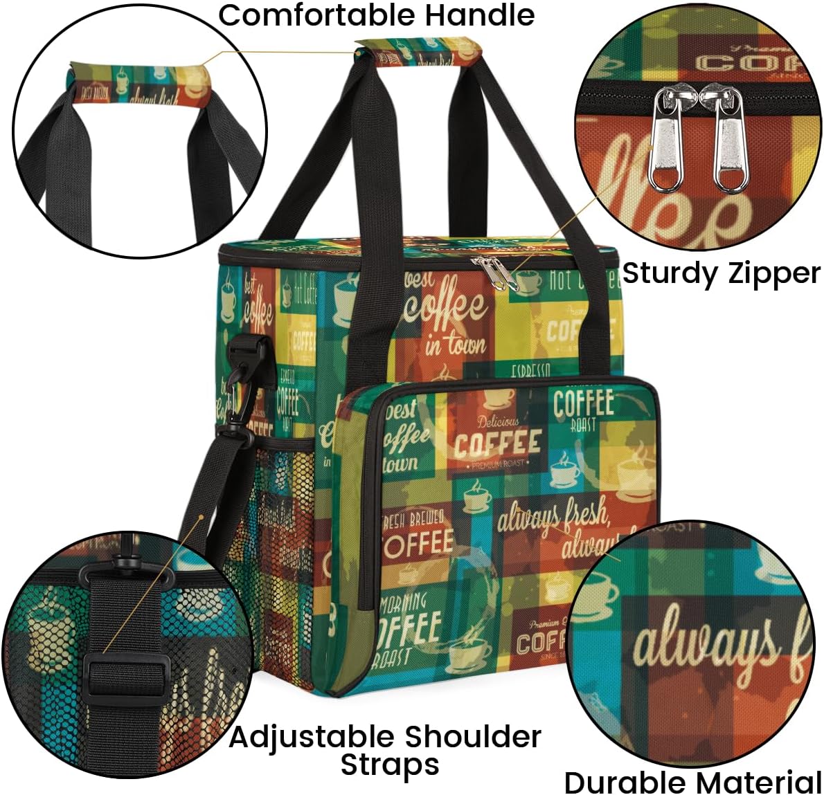 Rainbow Coffee Coffee Maker Carring Bag Coffee Typographic Travel Carrying Storage Tote Bag Compatible with Keurig K-Mini or K-Mini Plus Portable Single Serve Coffee Brewer Case with Pockets for K-cup Pods