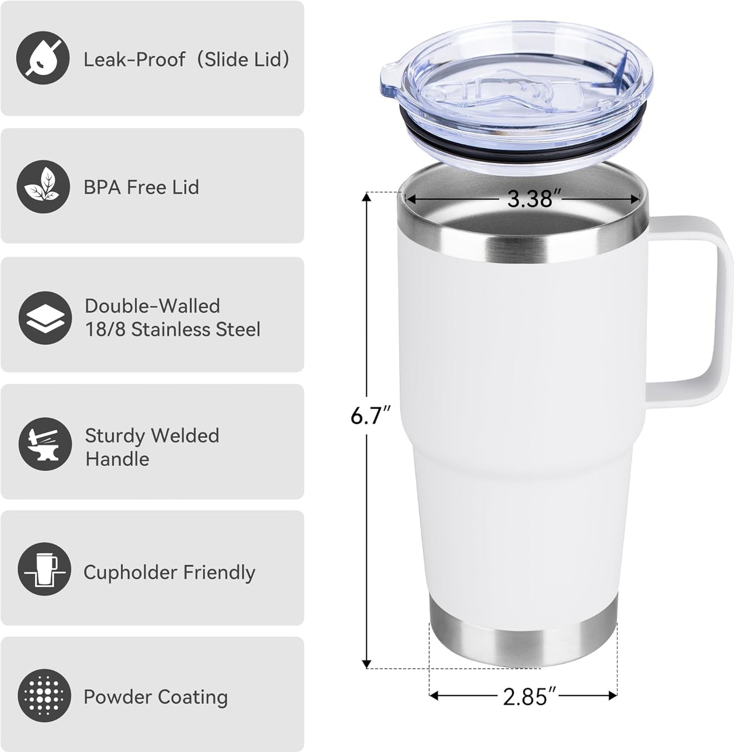 HASLE OUTFITTERS 20oz Tumbler Bulk with Lid, Stainless Steel Tumbler Bulk with Handle, Metal Insulated Travel Coffee Mug Set with Handle, Double Wall Vacuum Leak Proof Tumbler Cup, White 6 Pack