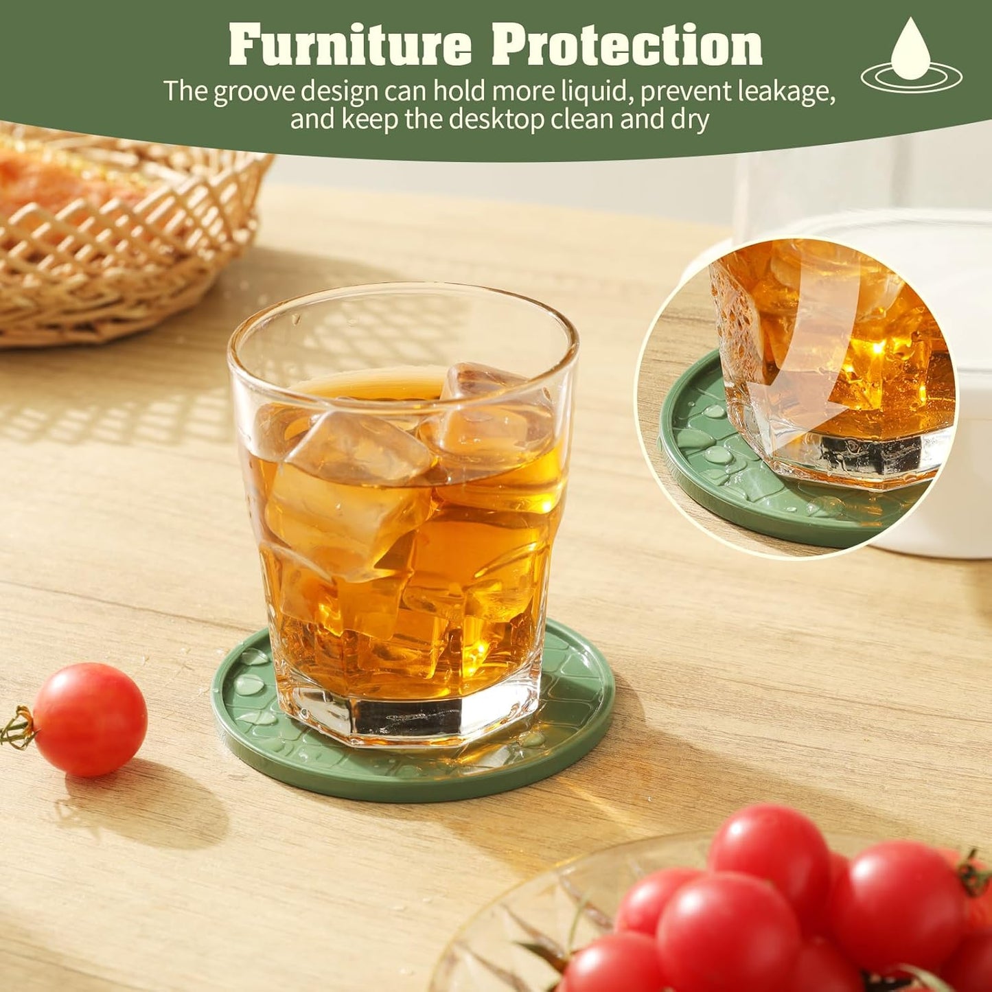 Coasters,Drink Coasters Set of 8 with Holder (Green, 12pcs)