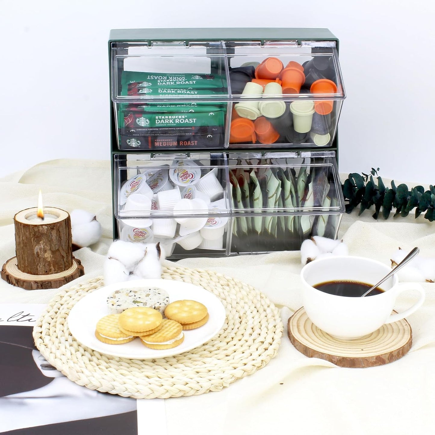 Bokelai Plastic Tea Bag Organizer with Lid - Large Capacity K Cup Holder Countertop & Desk Storage Station for Capsule, Creamer, Sugar Pods & Face Masks - Green/Clear