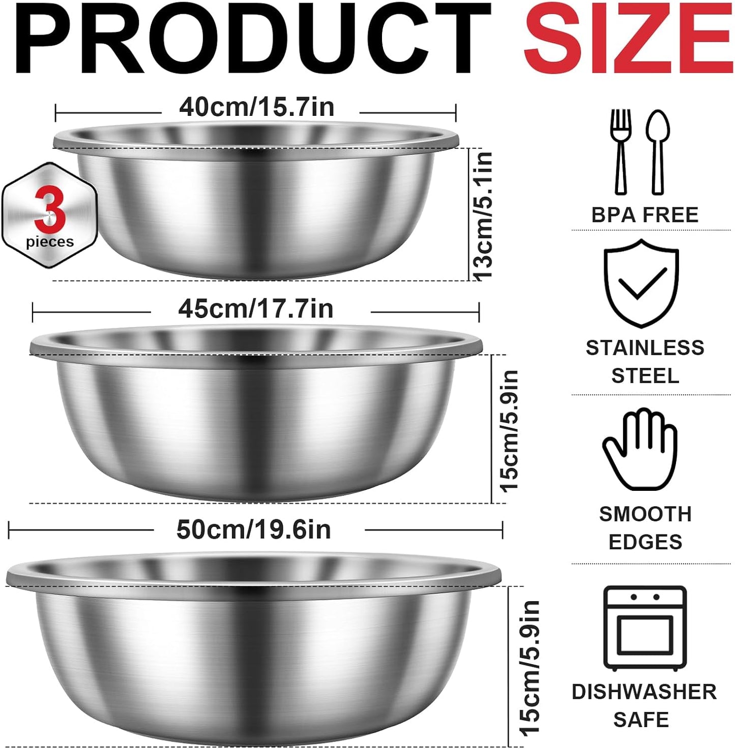 Domensi Set of 3 Extra Large Stainless Steel Mixing Bowls Large Mixing Container Easy to Clean, Nesting Bowls for Space Saving Storage for Cooking, Baking(201 Stainless Steel,13, 16, 20 Quart)