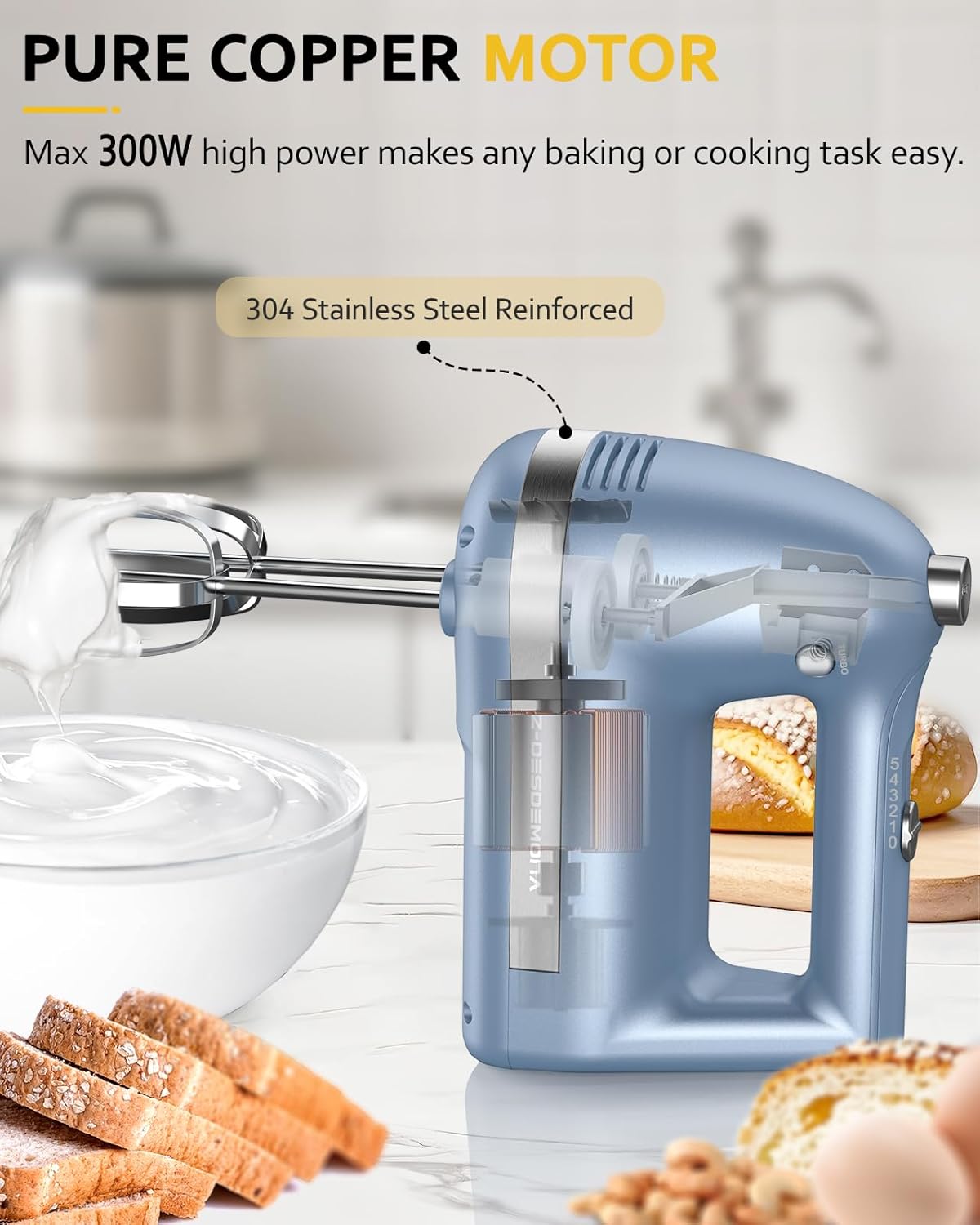 Electric Hand Mixer, Powerful 300W Hand Mixer Electric Handheld with 304 Beaters, Dough Hook, Hand Held Mixer with Turbo for Baking Cakes, Eggs, Cream Food(Blue)