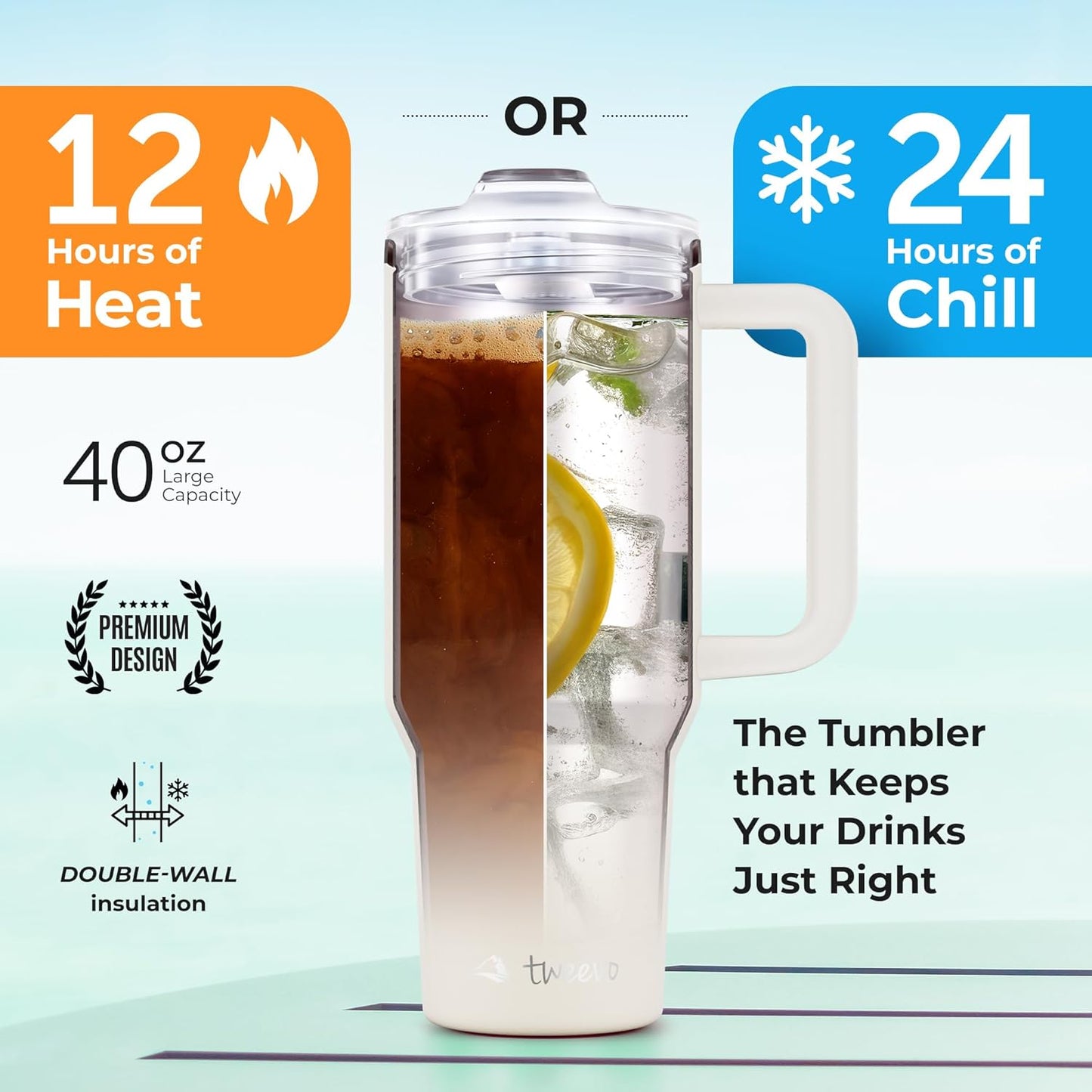 40 oz Tumbler With Handle and Straw Made of Stainless Steel - Double Wall Vacuum Insulated Tumbler With Lid - Sweat Proof Easy Grip, BPA-Free, Dishwasher Safe Tumbler (Cream)