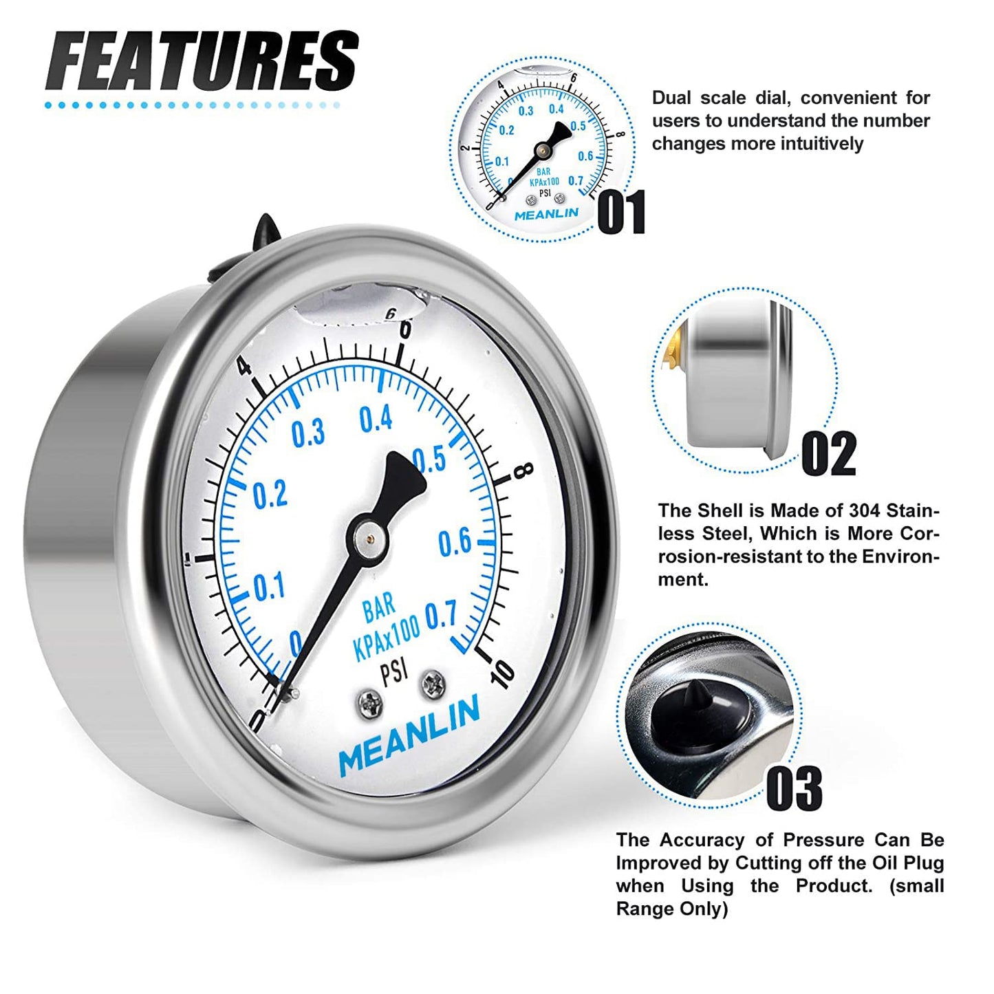 MEANLIN MEASURE 0~10Psi Stainless Steel 1/4" NPT 2.5" FACE DIAL Liquid Filled Pressure Gauge WOG Water Oil Air Center Back Mount, with 1/2" NPT and 3/8" NPT Hex Bushing