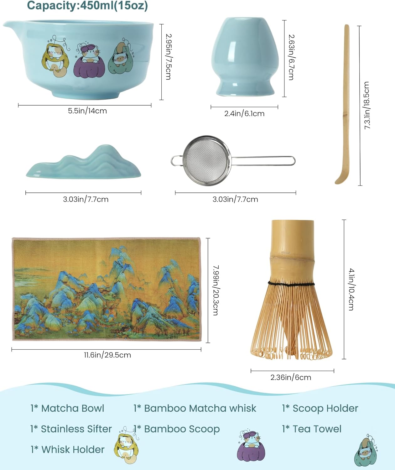 Matcha Whisk Set, Ceramic Matcha Set Includes Matcha Bowl, Matcha Whisk and Holder, Bamboo Scoop, Scoop Rest, Sifter and Tea Towel - 7 Pcs Matcha Kit(Blue)